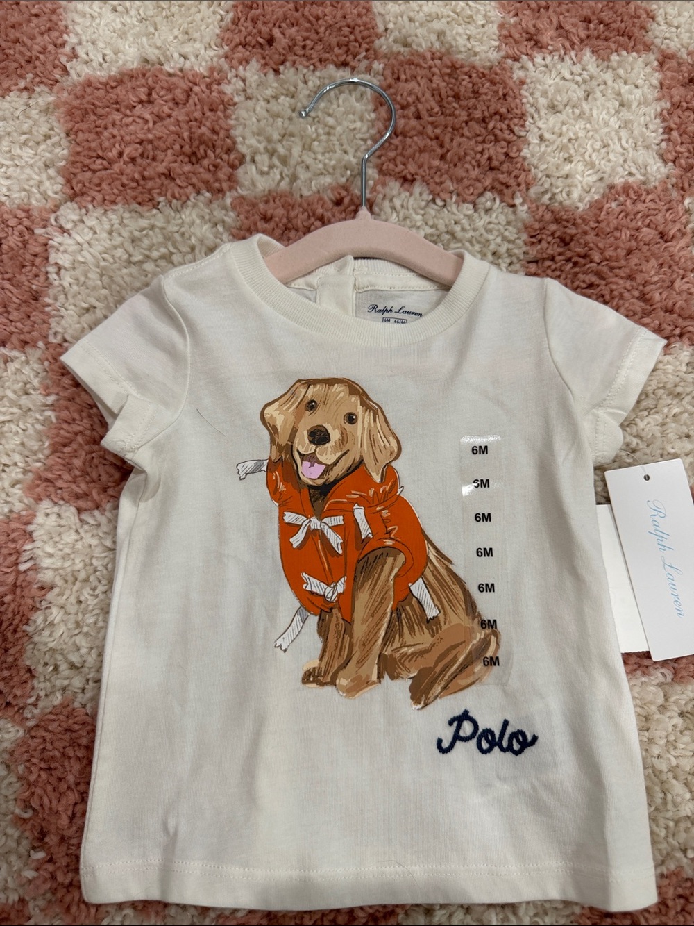 Ralph Lauren Kids Cream Dog Graphic Tee - Orange Sweater- 6 months